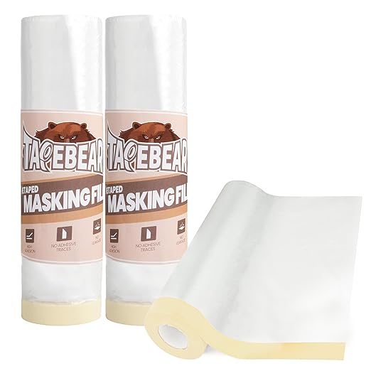 TAPEBEAR Pre-Taped Masking Film 9feet x 90feet(2600mmx 27m), Plastic Cover for Painting, Tape and Drape, Plastic Sheeting for Automotive, Floor, Appliance and Furniture, 3Rolls