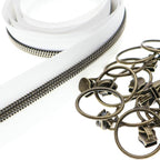 Leekayer #5 Antique Brass Metallic Nylon Coil Zippers by The Yard Bulk 10 Yards White Zipper Tape with 25pcs Antique Brass Ring Pull Sliders for DIY Sewing Tailor Craft Bag(White)