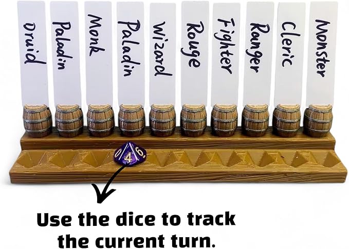 Initiative Tracker with 10 Barrel Slots, Erasable Name Tags, and Dice for Tracking Order. Ideal for DND and Other TTRPGs Brown with Silver