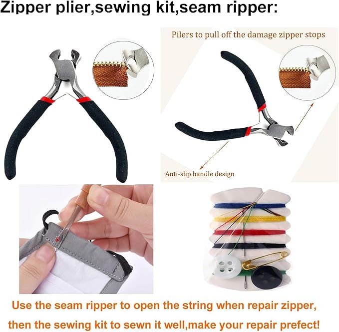 265pcs Zipper Repair Kit, Zipper Pull Replacement with Instant Pliers for Luggage, Coats, Jackets,Tents, Backpacks(All-in-One)