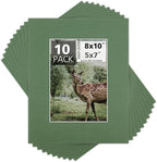 Mat Board Center, Pack of 10, 8x10 for 5x7 Basque Green Color Mats - Bevel Cut, Acid Free, 4-ply Thickness, White Core - for Pictures, Photos, Framing