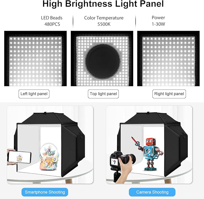 Glendan Portable Light Box Photography: 16"x16" Professional Dimmable Photo Box with High CRI 480 LED Lights - Soft Box with 4 Photo Backdrops for Jewelry and Product Photography