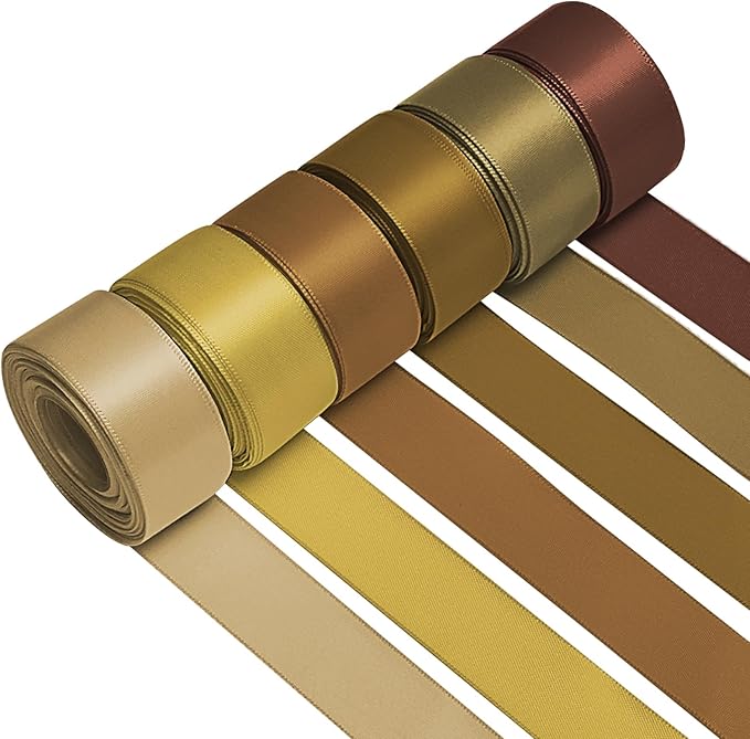 1 Inch Brown Satin Ribbons for Crafts, 6 Rolls Single-Faced Brown Assorted Ribbons for Gift Wrapping Flower Bouquet Wedding Invitations Bridal Shower Hair Bows Garland Party Decor