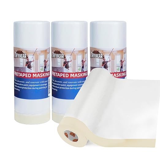 TAPEBEAR Upgrade Pre-Taped Masking Film Extra Thick, High Temp Tape and Drape 55" x 90', Plastic Cover for Automotive, Painting, Plastic Sheeting Masking Tape Film for Auto, Floor, Furniture, 4Rolls