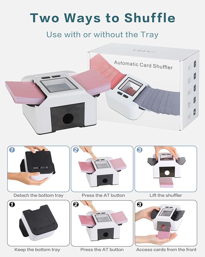 ONTILT M1 Automatic Card Shuffler with AUTO & Manual Mode, Low Noise, Rechargeable Built-in 200mAH Battery, Portable Electric Shuffling Machine for 1-2 Decks Poker, UNO, Blackjack, Skip-Bo, Phase 10