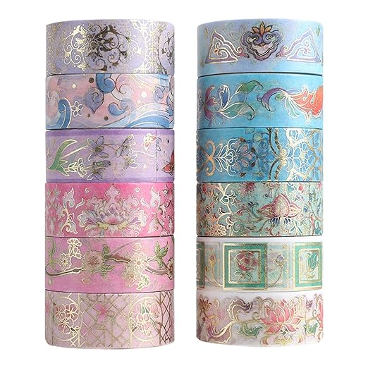 12 Rolls Floral Washi Tape Set, Gold Foil Flower Washi Tape, Botanical Washi Tape for Scrapbooking, Bullet Journal, Planner, DIY Crafts, Gift Wrapping