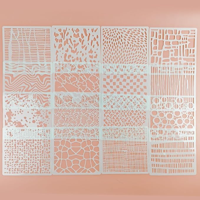 16 Pcs Layering Stencils for Painting, 6"x6" Mixed Texture Bubble Dot Waves Stone Crackle Splatter Geometric Stencils for Painting on Card Canvas, Mix Media Spray Paint Templates