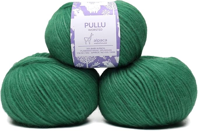 Pullu - Baby Alpaca Merino Wool Yarn Set of 3 Skeins (150 Grams) Worsted Weight - Sourced Directly from Peru - Heavenly Soft and Perfect for Knitting and Crocheting (Christmas Green)