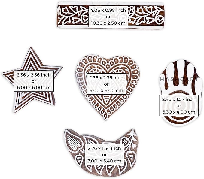 Wooden Block Stamp Hand Carved Printing Stamp for Fabric Printing - Wooden Printing Block for Scrapbooking Pottery Kids Project, to Decorate Card | Set of 5 | HASHCART®
