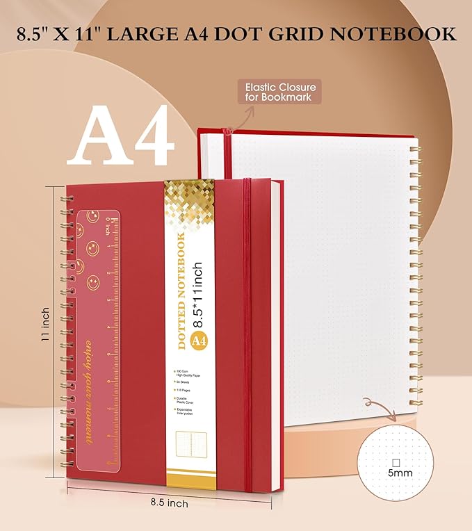 Dotted Notebook, Spiral Notebook Journal 8.5” x 11”, A4 Large Dot Grid Notebooks for Women Men, 100 GSM Dotted Paper, Plastic Hardcover Spiral Bullet Journals for Work School Sketching, Red