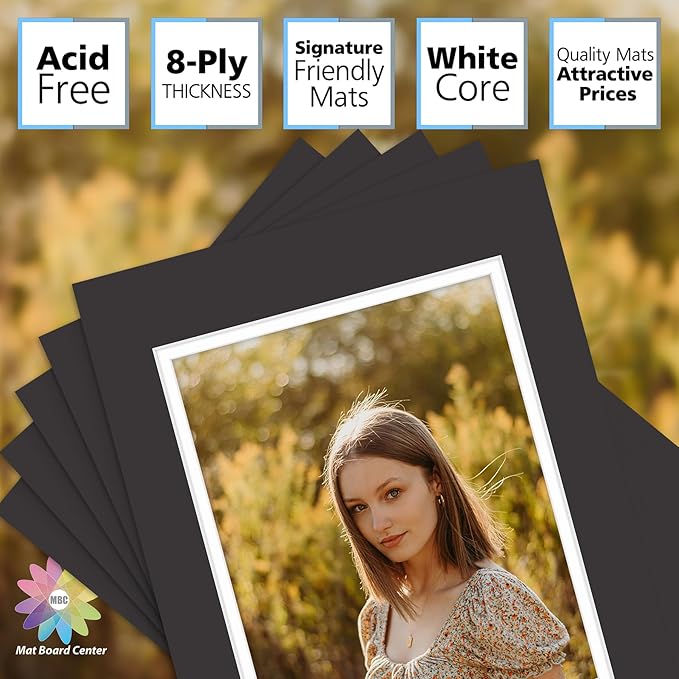 Mat Board Center, Double Mat - Acid Free, 8-ply Thickness, White Core - for Pictures, Photos, Framing (Black Over White, 11x14 for 8x10, Pack of 5)