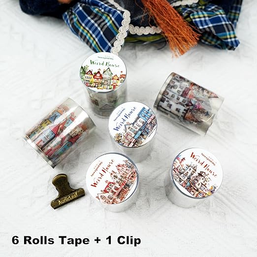 Weird House PET Tape Set with Clip, 6 Rolls of Vintage Town Stickers for Scrapbooking, Journaling, DIY Crafts, and Planners