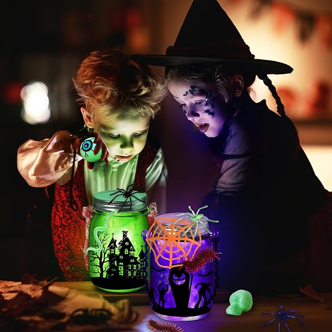 Halloween Crafts Activities for Kids Ages 4-12,6 Pack Glass Mason Jar for School Art Activities,Halloween's Craft Supplies,DIY Lantern Jar for Gifts Halloween Party Favors,Classroom Prizes