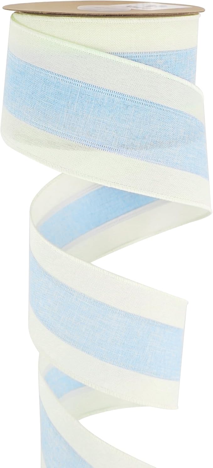 MEEDEE Blue and White Stripe Ribbon Wired Ribbon 2.5 Inch Light Blue Burlap Ribbon with Ivory Stripe Edge Wreath Supplies, Baby Shower Decorations, Crafts Bow Making (10 Yards)
