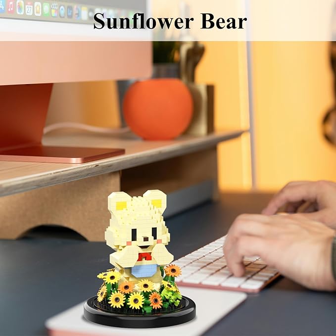 Artificial Flower Animal Toy Building Set for Adults,Mini Bear Plant Bonsai Tree,Botanical Collection Gift for Kids,Office Home Decor Building Block,Birthday Gift for Girls Women Mom(Sunflower)