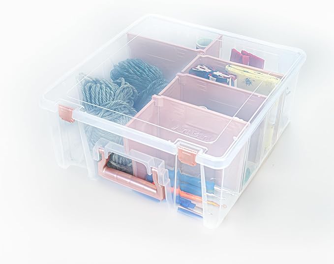 ArtBin 6990RK Super Satchel Double Deep, Portable Art & Craft Organizer with Handle, [1] Plastic Storage Case, Clear with Rose Gold Accents