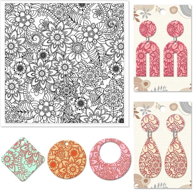 CHGCRAFT Abstract Flowers Geometric Flowers Silicone Texture Stamp Polymer Clay Molds DIY Clay Texture Tools for Clay Pottery Earring Jewelry Making Stamp Engraving Machines, Flower, 5.5x5.5inch