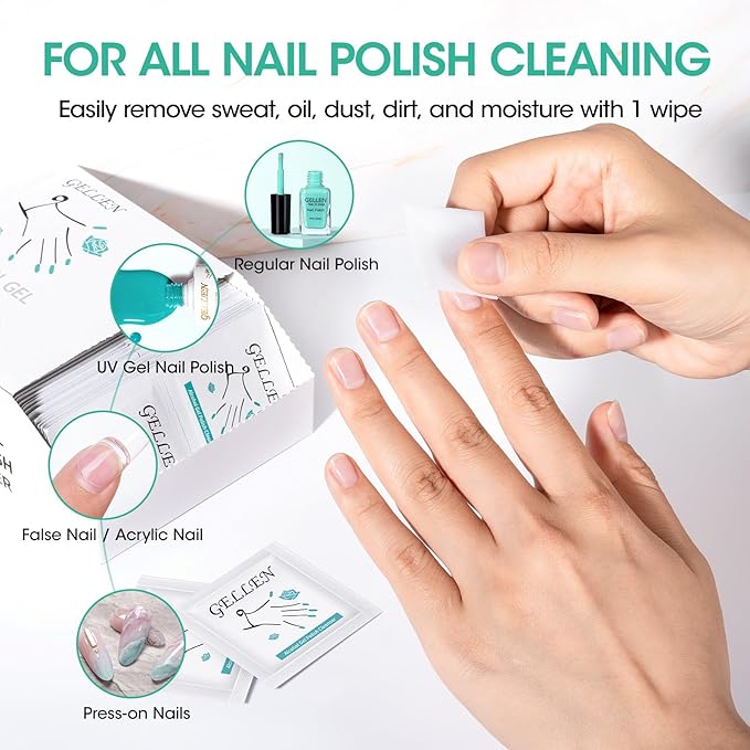 GELLEN Nail Cleanser Pads, 200 Pack Alcohol Prep Pads Nail Cleanser Wipes Remove Tacky Residue, Lint-free Glossy Wipes for Acrylic/Builder/Gel Polish Travel Individually Wrapped for Perfect Manicure