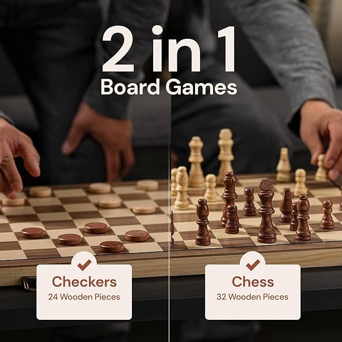 PlayVibe Wooden Chess Set 15'' & Checkers Board Games for All Players with 2 Extra Queens - Handmade Classic Wooden Chess Board, Portable & Folding Playtime Boards, Beginner & Professional Use