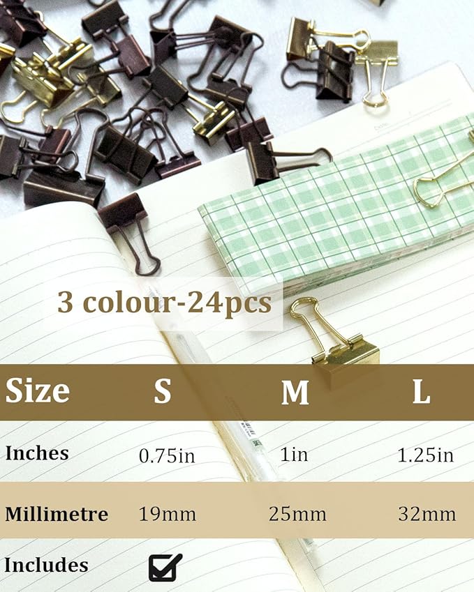 Mini Binder Clips 0.75in 24-Pack - Multicolor Bronze Clips for Notes with Magnetic Case