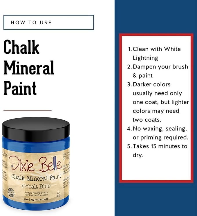 Dixie Belle Paint Company Chalk Finish Furniture Paint - Cobalt Blue (8oz) - Matte Vibrant Blue Chic Chalk Mineral DIY Furniture Paint