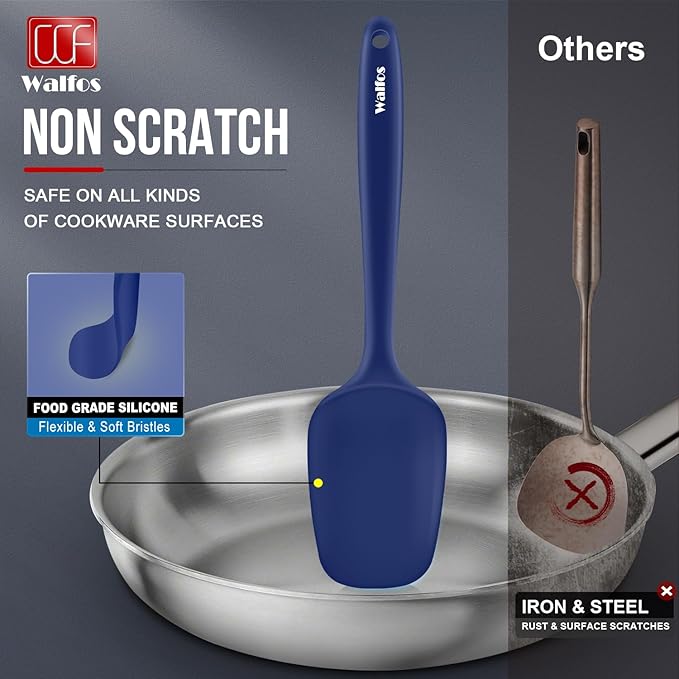 Walfos Silicone Spatula Set (5pcs) - 600℉ High Heat Resistant Kitchen Spoon Navy Blue Spatulas for Cooking Mixing & Baking, Strong Steel Core and One-Pieces Seamless Design, BPA Free Dishwasher Safe