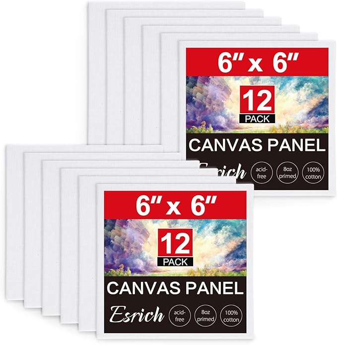 ESRICH Small Canvases for Painting 6x6 inch, 12 Pack Canvas Boards Cotton Painting Canvas Primed Acid Free Mini Blank Canvas Panels for Oil Paint,Watercolor,Acrylic Paint,Gouache&Tempera., White
