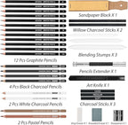 Sketch Pencils for Drawing,34 Pcs,Graphite Pencil (14B-4H), Charcoal Pencil,With Graphite Sticks, Erasers and Sharpener, Art Pencils for Sketching,Artist Set for Beginners and Professionals