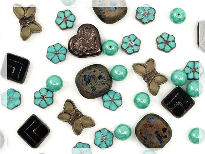 45+ pcs (2.1oz=60g) of Focal Glass Bead Mix with Table-Cut Flower and Butterfly Beads, PG Turqouise Brown Brass