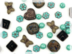 45+ pcs (2.1oz=60g) of Focal Glass Bead Mix with Table-Cut Flower and Butterfly Beads, PG Turqouise Brown Brass