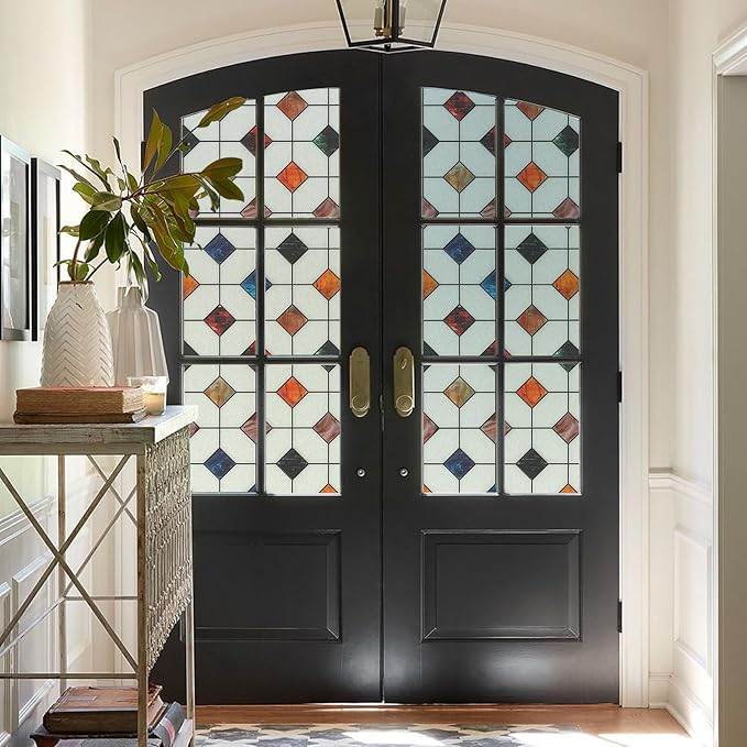 DKTIE Stained Glass Window Film Geometric Patterns, Fine Frosted Window Clings for Glass Windows, Waterproof for Bathroom Window Privacy Film Day and Night (S533, 35.4in X 78.7in)
