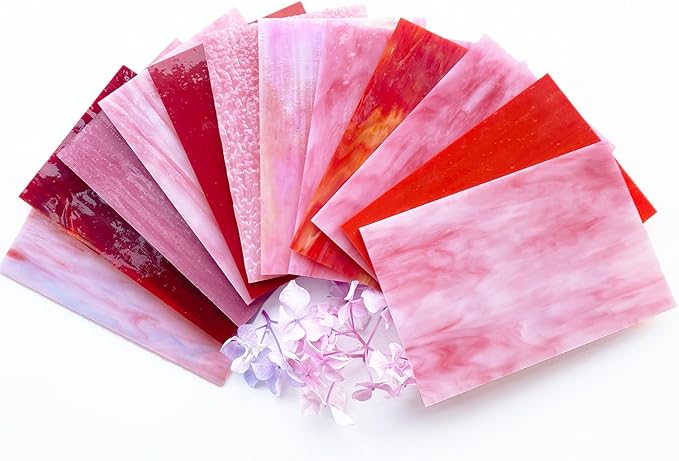 ILLUCKAI 12 Sheets Mixed Red Pink Stained Glass Sheets, 4 x 6 inch Stained Glass Supplies Mosaic Glass Tiles for Crafts, Cathedral Glass Art Glass for Stained Glass Beginners and Hobbyists