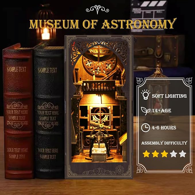 Book Nook Kits for Adults, 3D Printed DIY Miniature House Kit Astronomical Museum Booknook Wooden Puzzle Dollhouse Bookshelf Insert Decor with LED Lights Gifts for Book Lovers, Space Enthusiasts