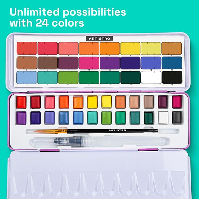 ARTISTRO Watercolor Paint Set 24 Colors, Travel Watercolor Set in Portable Box, Mini Water Colors Paint for Artists, Beginners, Amateur Hobbyists