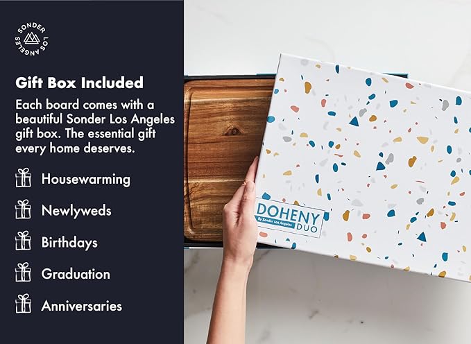 Set of 2 Sonder Los Angeles Acacia Wood Cutting Boards with Juice Groove, Gift Box Included - Small & Medium Sizes: 14x10x1in & 12x8x1in. Ideal for Meat, Vegetables, and Organic Produce Sustainable