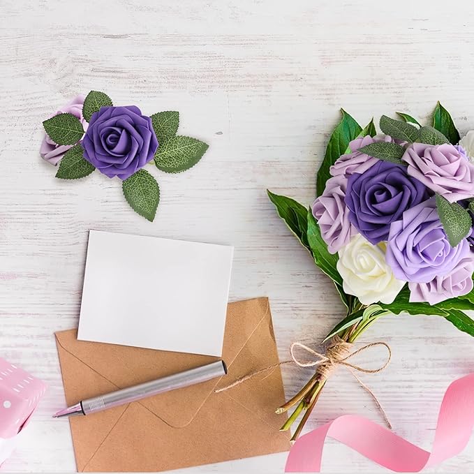 AmyHomie Artificial Flower Seriesc Purple Rose 25pcs Real Looking Fake Roses w/Stem for DIY Wedding Bouquets Centerpieces Arrangements Party Baby Shower Home Decorations