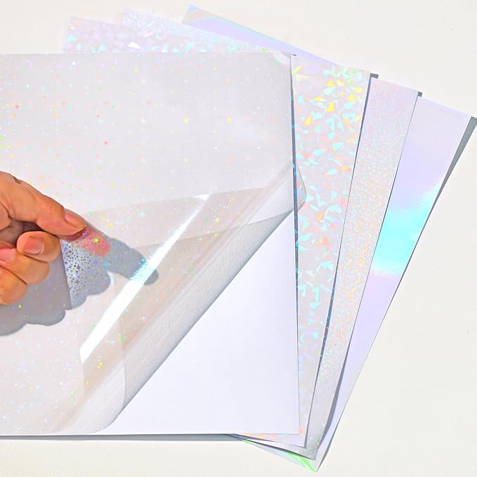 36 Sheets Holographic Sticker Paper, Transparent Holographic Vinyl Laminate Film, Clear Overlay Lamination Sticker Paper Self Adhesive Waterproof - Gem, Dot, Colorful, Star Patterns/8.5x11 inch