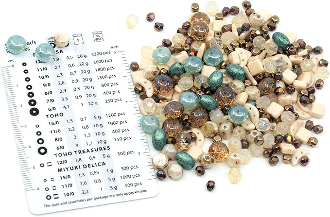 2.1oz (60 g) Mix of Unique Czech Bohemia Glass Pressed Beads, Matte and Glossy, Hand Made, Beige Blue Luster