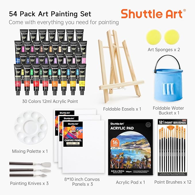 Shuttle Art 54 Pack Acrylic Paint Set, Acrylic Painting Set with 30 Colors Acrylic Paint, Wooden Easel, Painting Canvas, Paint Brushes, Palette, Art Painting Supplies for Kids Adults Beginner Artists