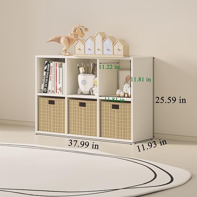 Wood Cube Storage Organizer Closet Cabinet for Living Room Bedroom Study Shelf Bookcase Wooden Floor Standing Open Bookshelf for Kids Home Office Display Storage Cabinet (White, 6-Cube, 11.81in)