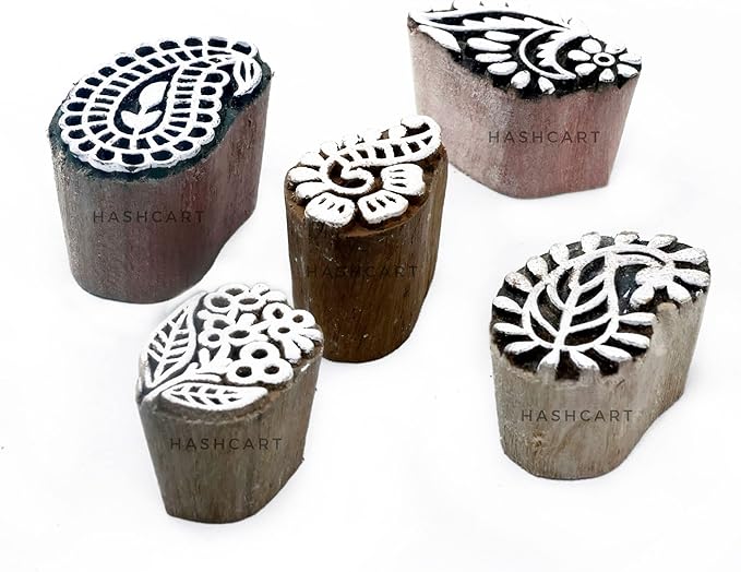 HASHCART® Paisley Shapes Wooden Printing Stamps for Block Print, Handcarved Indian Textile Printing Blocks for Tattoo Saree Border Scrapbooking Kids Paper Clay, Pottery Stamps [ Set of 5 ]