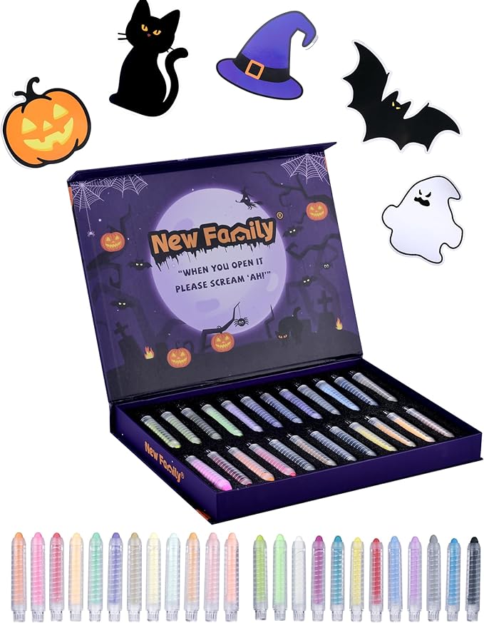 NewFamily Halloween Dustless Chalk Set - 24 Colors, Non-Toxic Washable Chalk with Spooky-Themed Magnetic Drawing Boards, Festive Gift for Kids & Toddlers