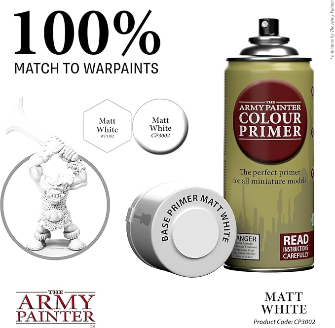 The Army Painter Color Primer, Matt White, 400ml, 13.5oz - Acrylic Spray Undercoat for Miniature Painting