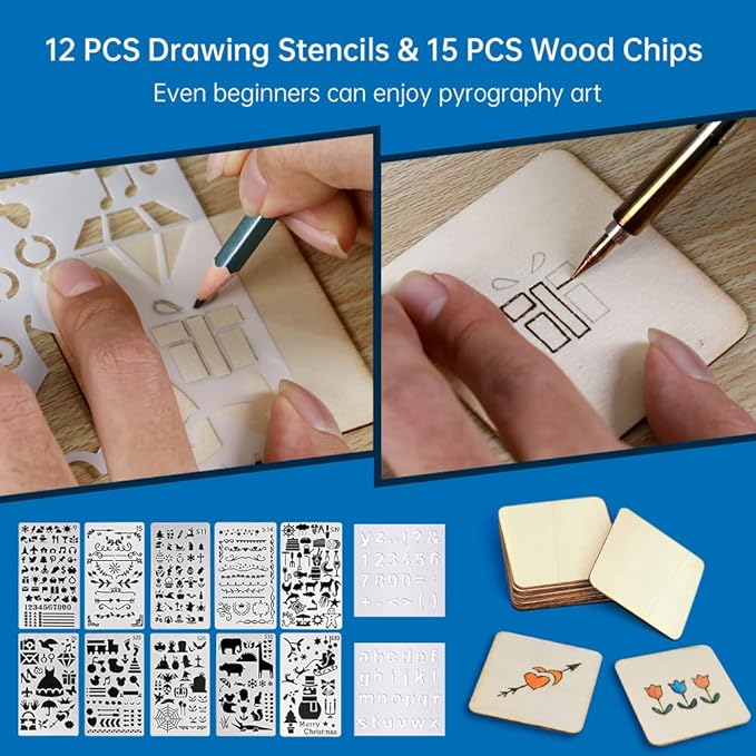 Goodcrafter Pyrography Pen 2-IN-1 Wood Burning Kit 101-IN-1,200~480°C (withTemp Display)/Wire-Nib 250~750°C Temp adjustable with 20 Nibs,53 Solid Points,12 Stencils and 15 Wood Chip(Mother's Day gift）