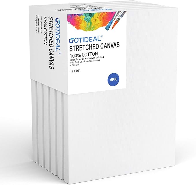 GOTIDEAL Stretched Canvas, 12x16 Inch Set of 6, Primed White - 100% Cotton Artist Canvas Boards for Painting, Acrylic Pouring, Oil Paint Dry & Wet Art Media