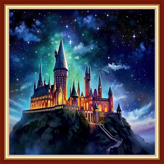 Foxhool Beginners Cross Stitch Kits Stamped Full Range of Embroidery Kits for Adults DIY Cross Stitches kit Embroidery Patterns for Needlepoint kit-Magic Castle 18x18 inch