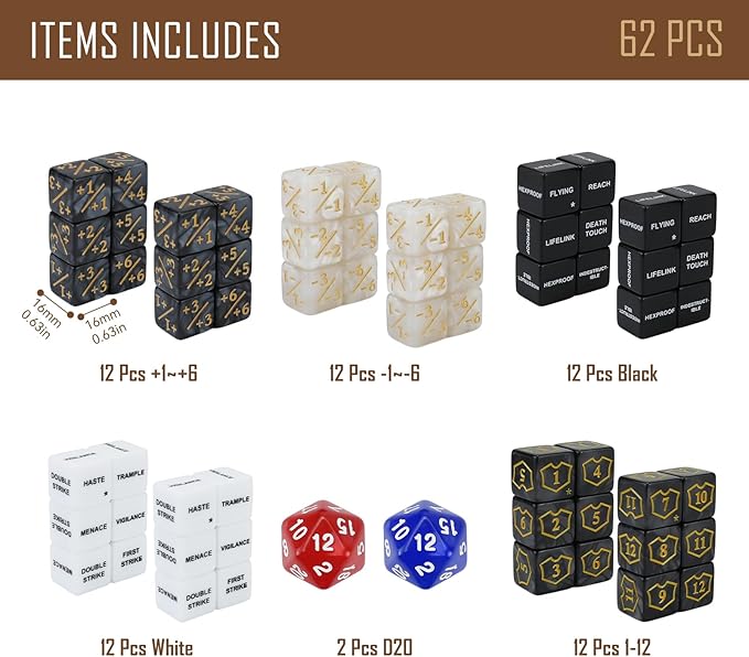 62PCS MTG Dice Counters Bulk Ability Keywords MTG Tokens Shield Life Counter Dice Set for Magic Card Accessories, Compatible with TCG Card Game Accessories CCG Creature Stats