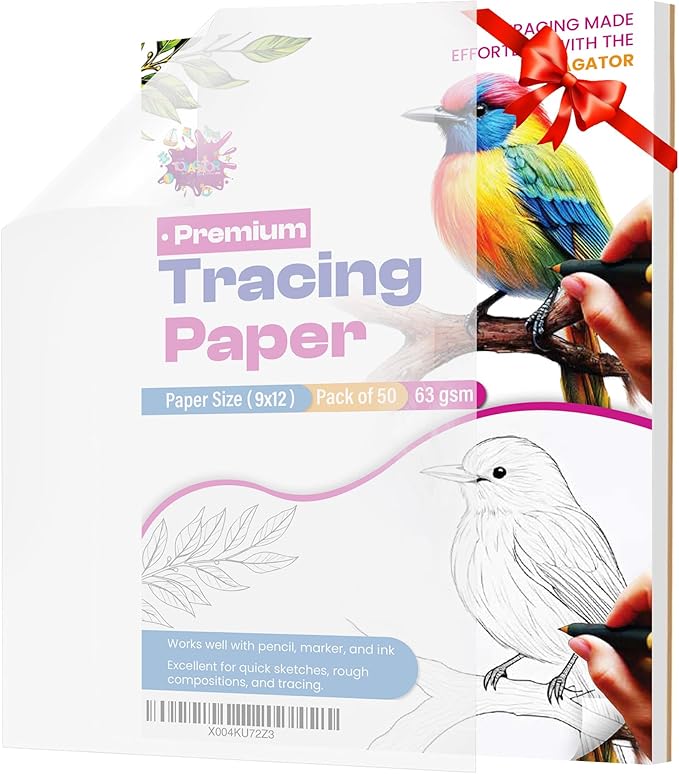 Tracing Paper 9 x 12 Inch - 50 Sheets 41lb/63gsm Transparent Vellum Paper for Sketching, Preliminary Drawing, Drafting & Overlays - Premium Translucent Tracing Paper for Pencil, Marker and Ink