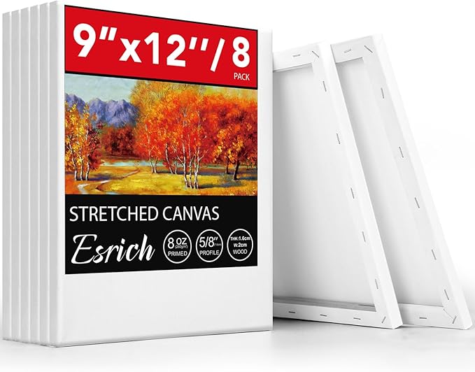 ESRICH Stretched Canvas for Painting, 8 Pack 9x12 Inch Canvas Value Pack,Primed Acid-Free Cotton Blank Canvases, Painting Canvas for Oil & Acrylic Paint.