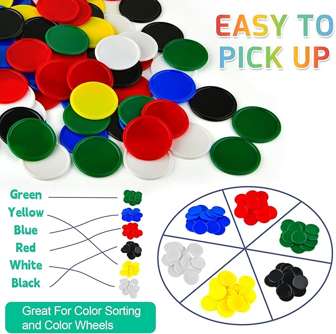 Coopay 600 Pieces 1.5 Inch Plastic Bingo Chips Learning Counters Disks, 6 Colors Counting Discs Markers for Math Practice and Poker Chips, Card Game Tokens, Teaching Rewards, 38 mm
